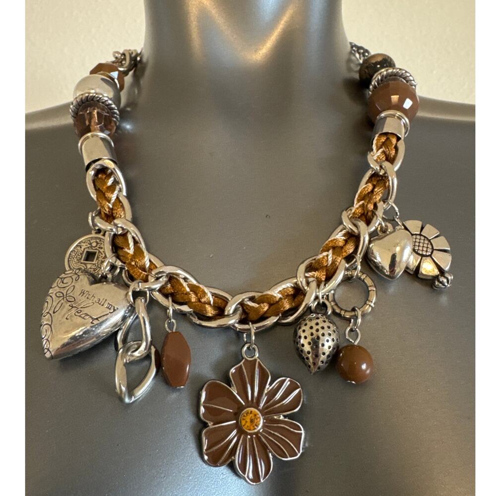 Paparazzi Silver Link Braided Brown & Ivy Cord Charm Necklace Hearts Luke 10:27